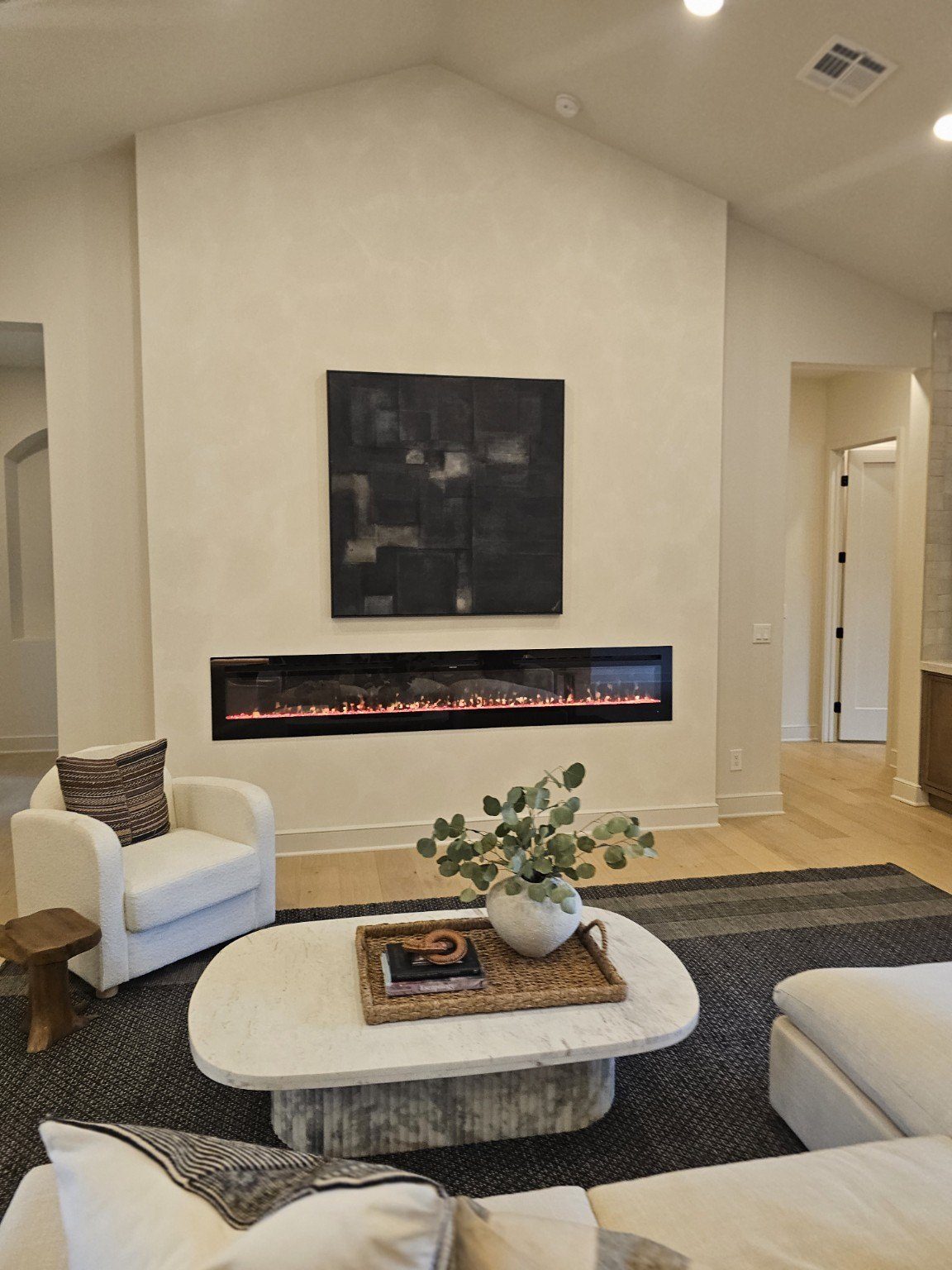 Modern living room with linear fireplace